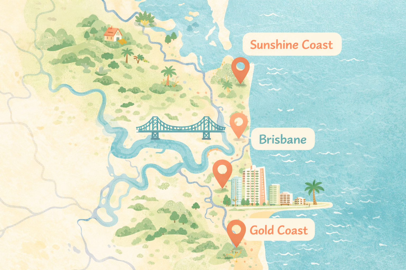 SEQ Vehicle Brokers service coverage map showing Brisbane, Gold Coast, and Sunshine Coast